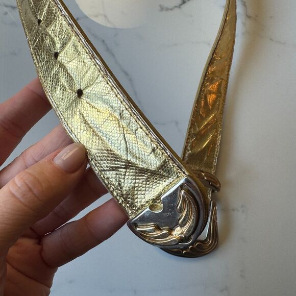 Vintage Emmanuel Genuine Reptile Metallic Gold Belt with Western Buckle - Picture 14 of 16